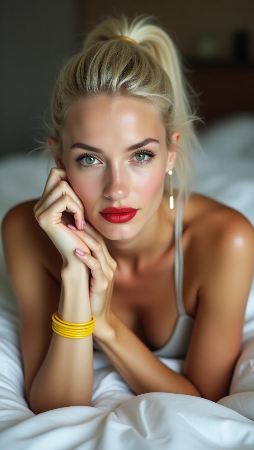 A close-up portrait of a person with red lipstick lying on a white bed, featuring gold earrings and bright yellow bangles.