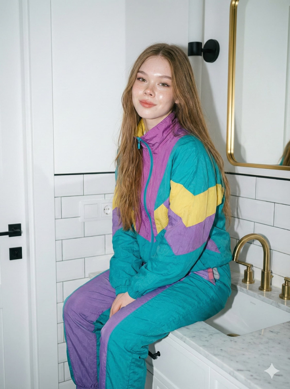 A woman seated gracefully on the edge of a luxurious bathroom sink, with long, smooth hair framing her face, exuding confidence.