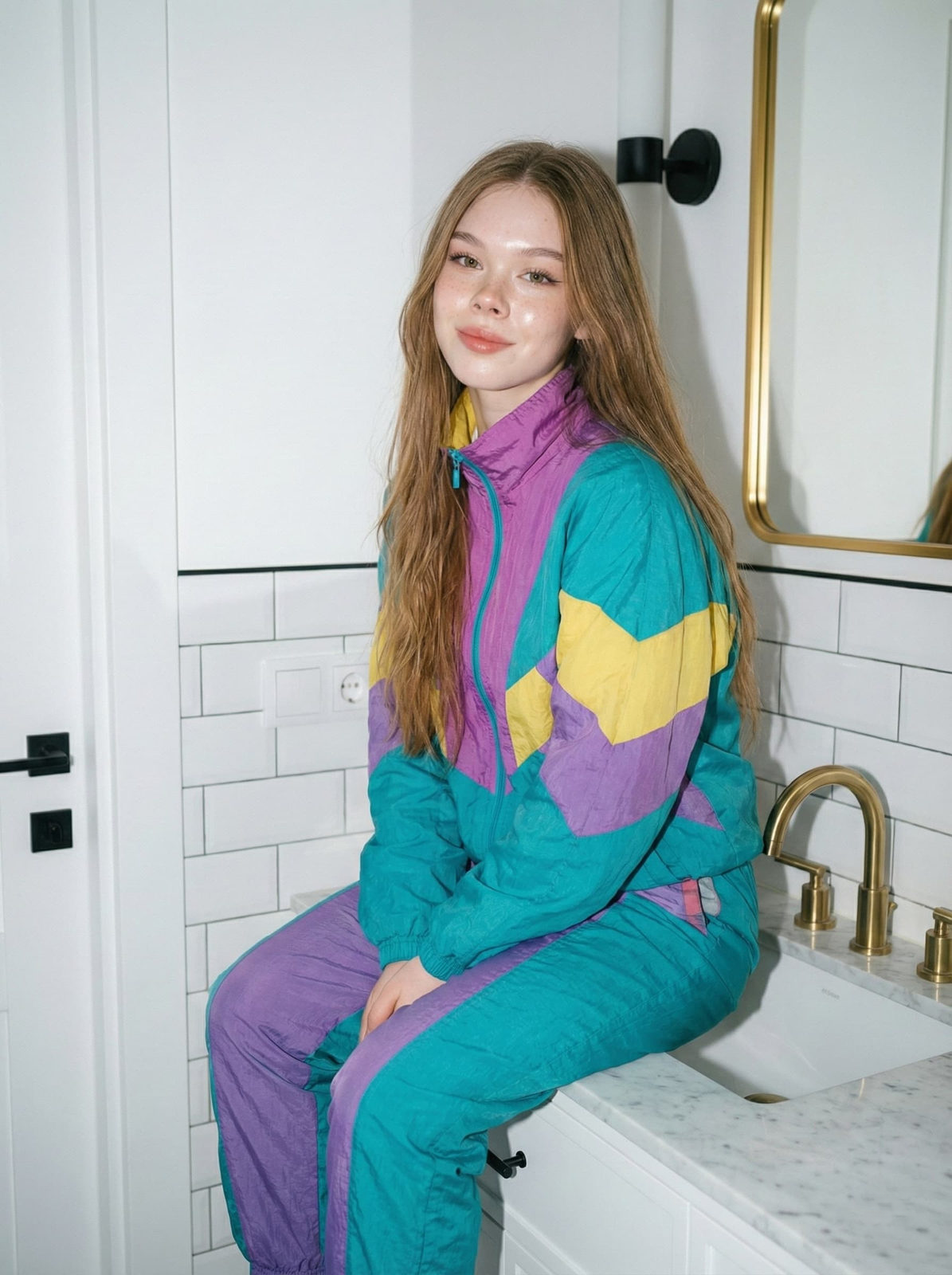 A woman seated gracefully on the edge of a luxurious bathroom sink, with long, smooth hair framing her face, exuding confidence.