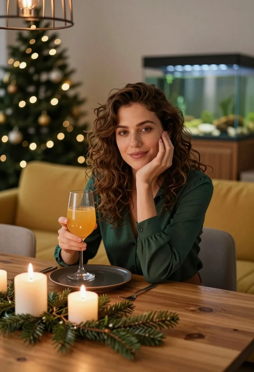 Woman With Wavy Brown Hair Sits Wooden Dining Table Holding