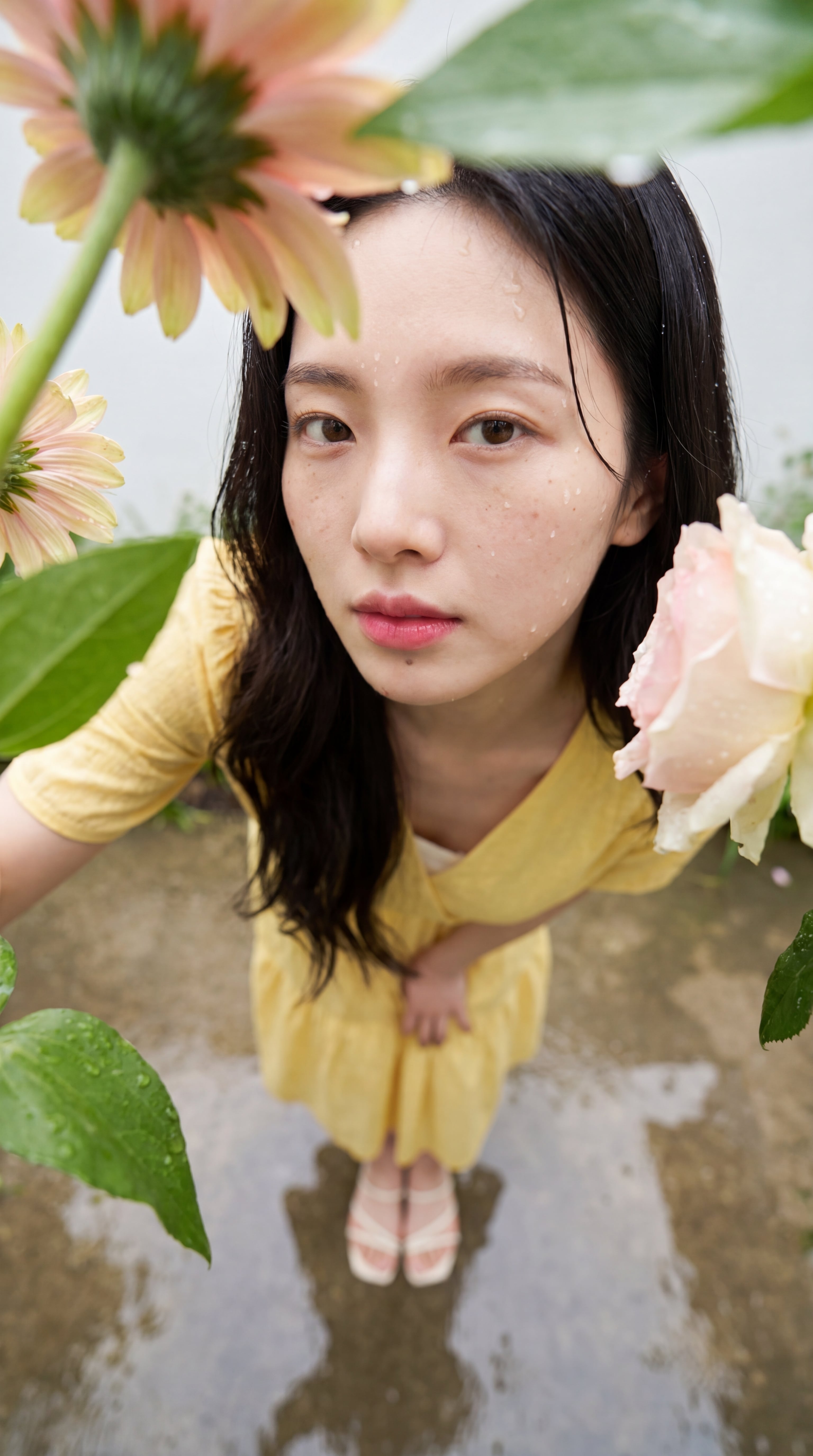 Face Framed By Flowers Yellow Dress Wet Pavement