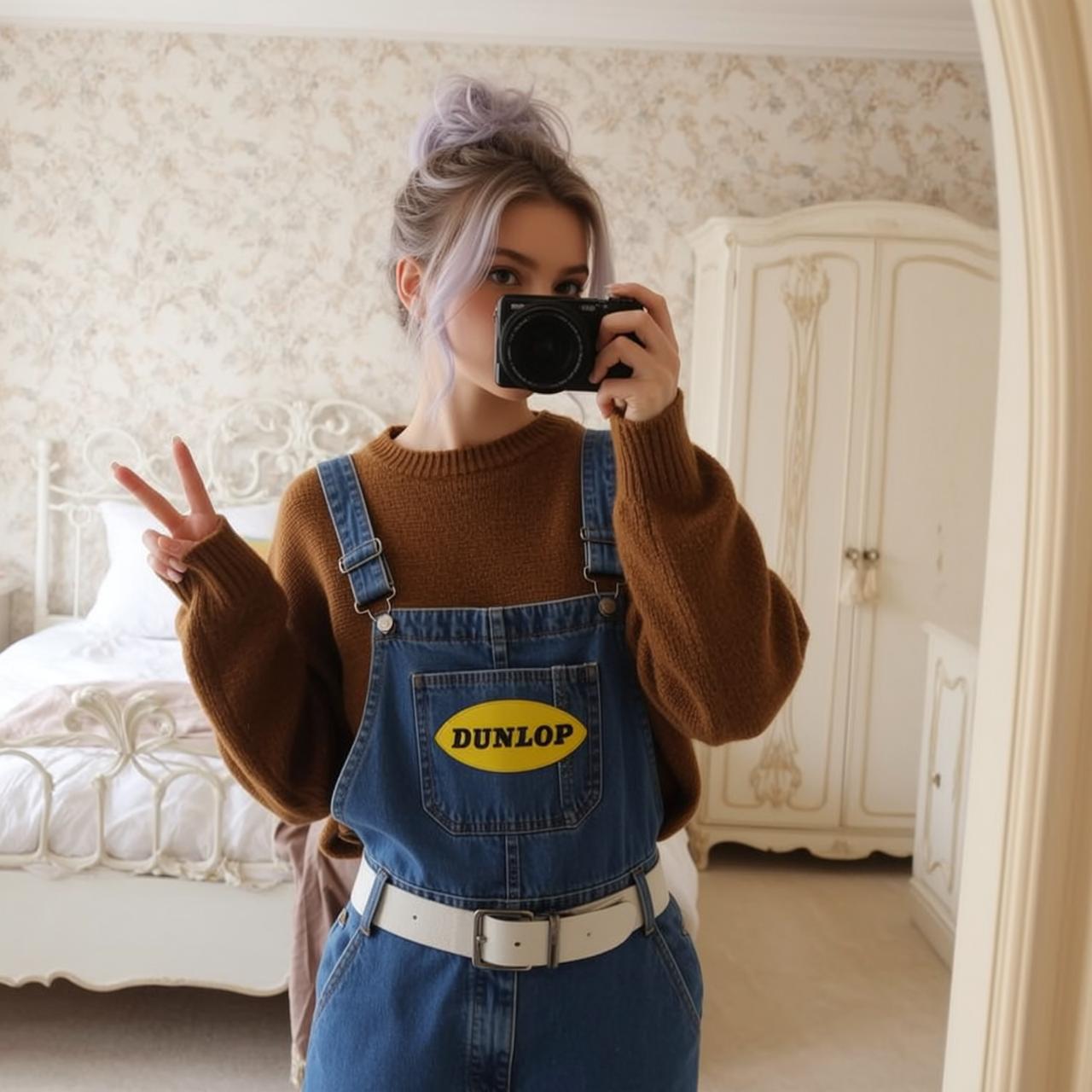Bedroom Selfie Brown Sweater Peace Sign Camera
