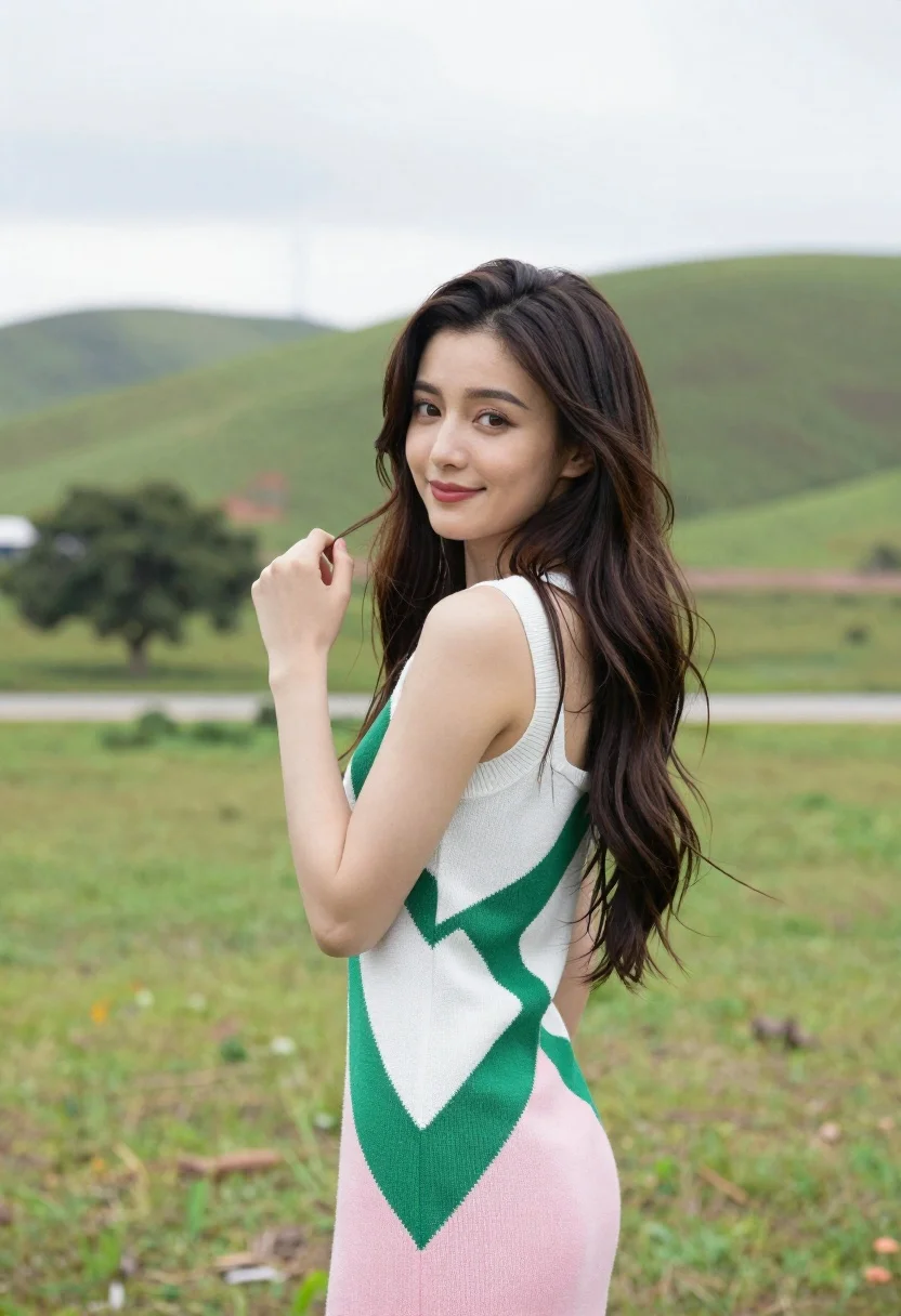 Young Woman Stands Grassy Field With Rolling Green Hills And reference photo