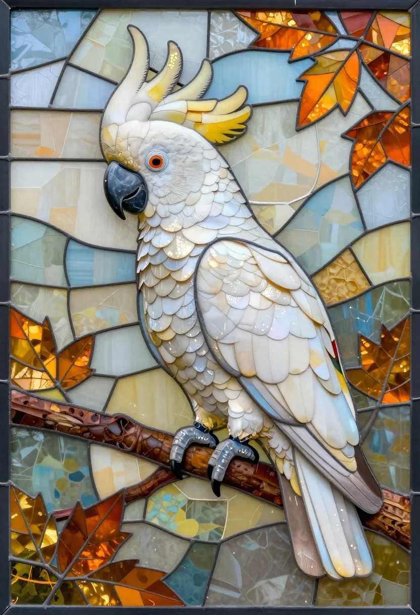 Vertical Stained-glass Mosaic Artwork White Cockatoo Perched Branch Autumnal Setting reference photo