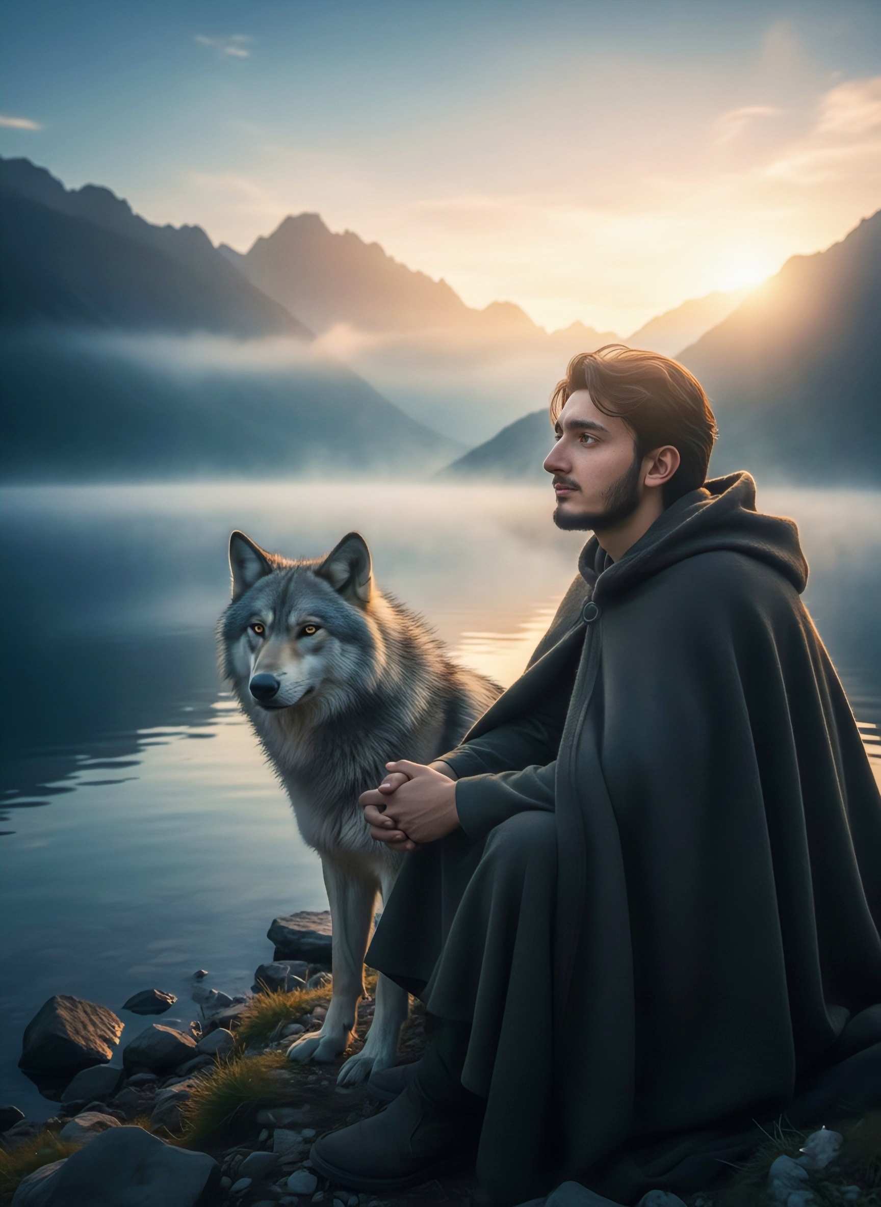 A man in a dark cloak sits beside a wolf at a foggy mountain lake during sunrise, creating a serene cinematic scene.