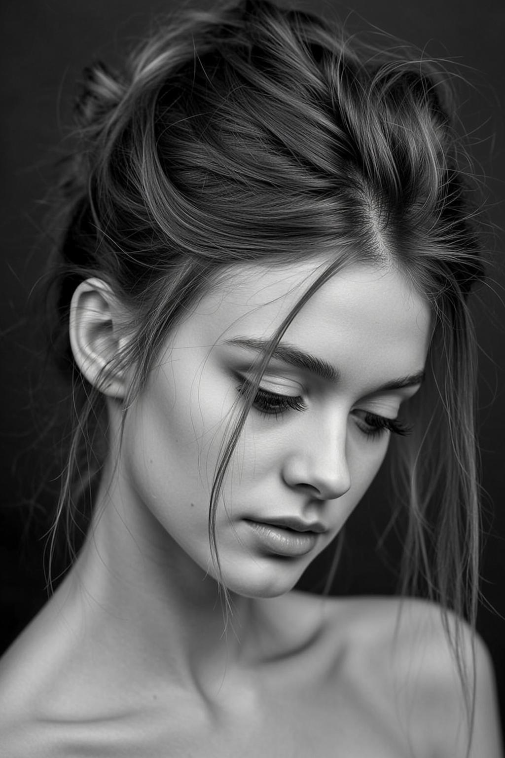 Photorealistic Black And White Medium Close-up Portrait Young Woman Looking