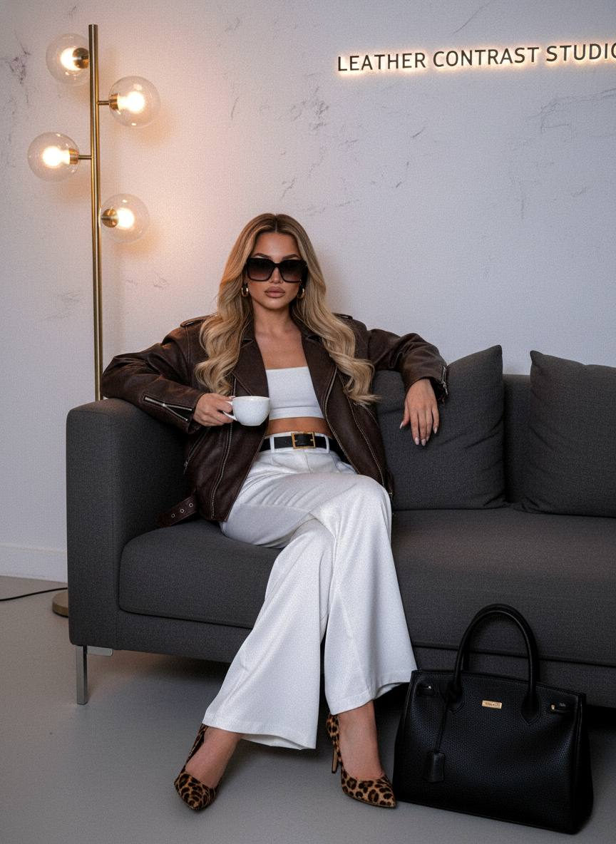 Editorial portrait of a stylish woman in a dark brown biker jacket, seated on a modern sofa with ambient lighting.