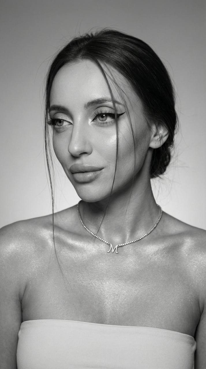Photorealistic black and white fashion portrait with a model's bare shoulders against a smooth gray background.