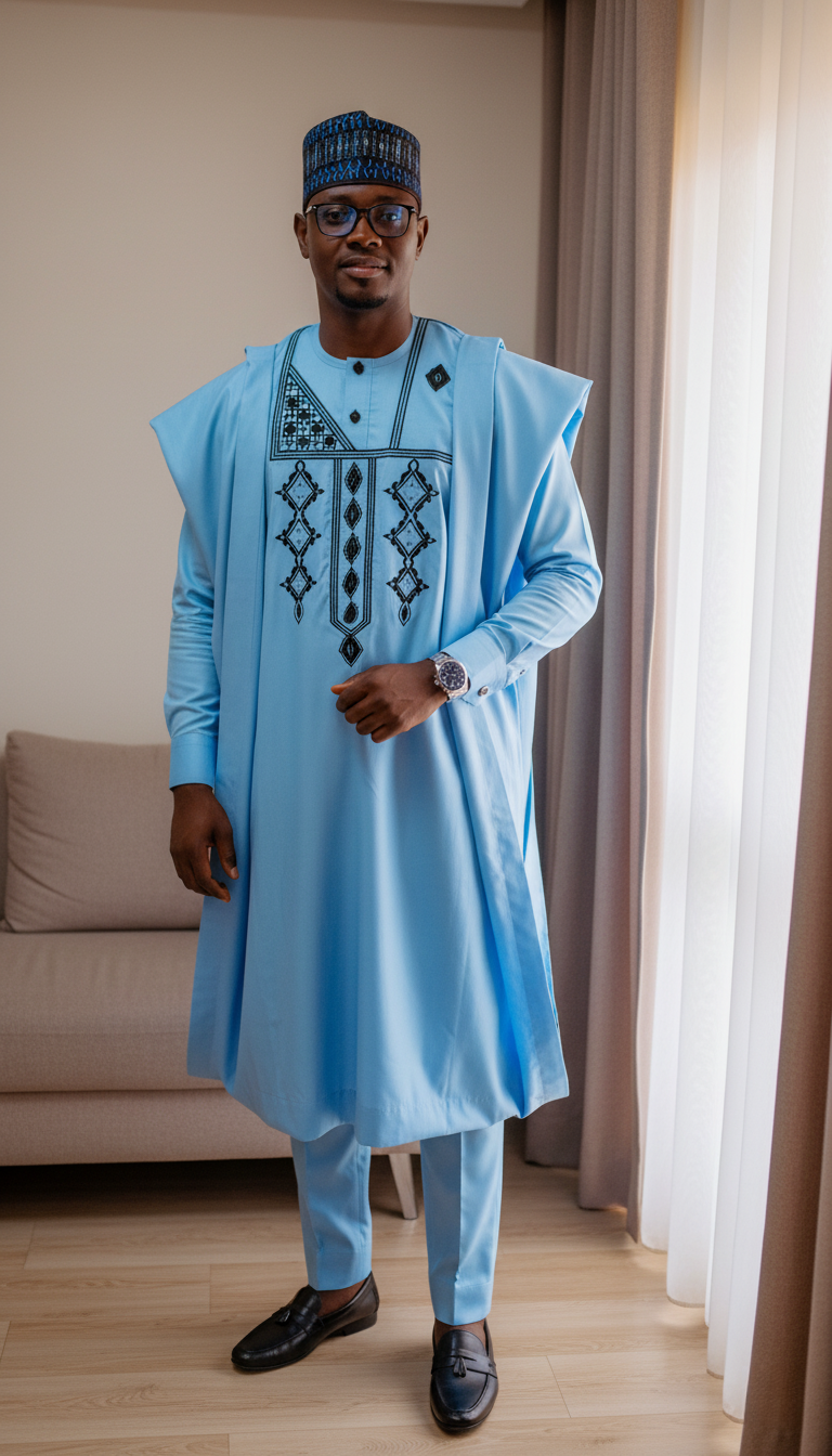 A full-body portrait of a person in a sleek black agbada with intricate embroidery, standing near a large window, showcasing an elegant indoor setting.