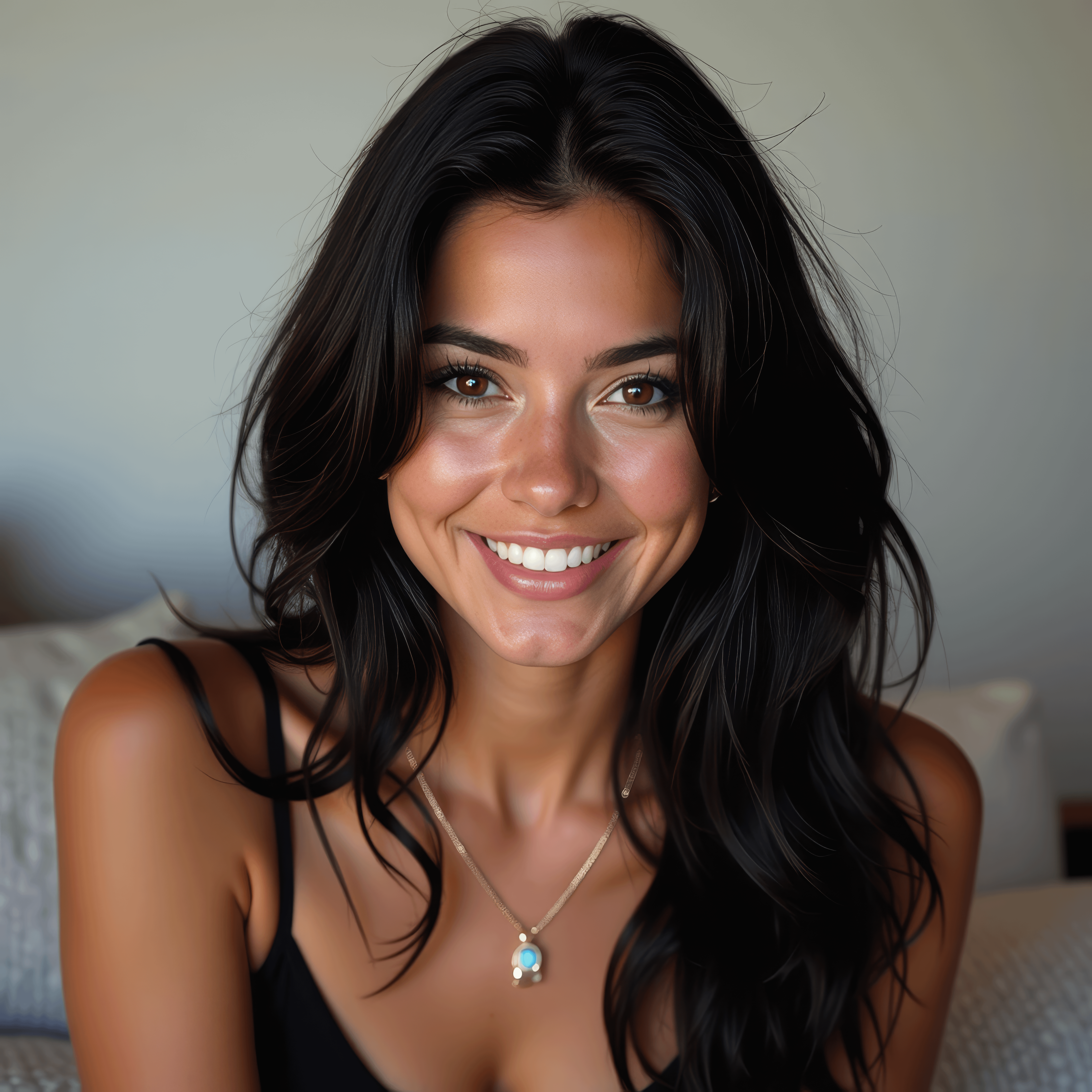 Smiling With Dark Wavy Hair And Black Top