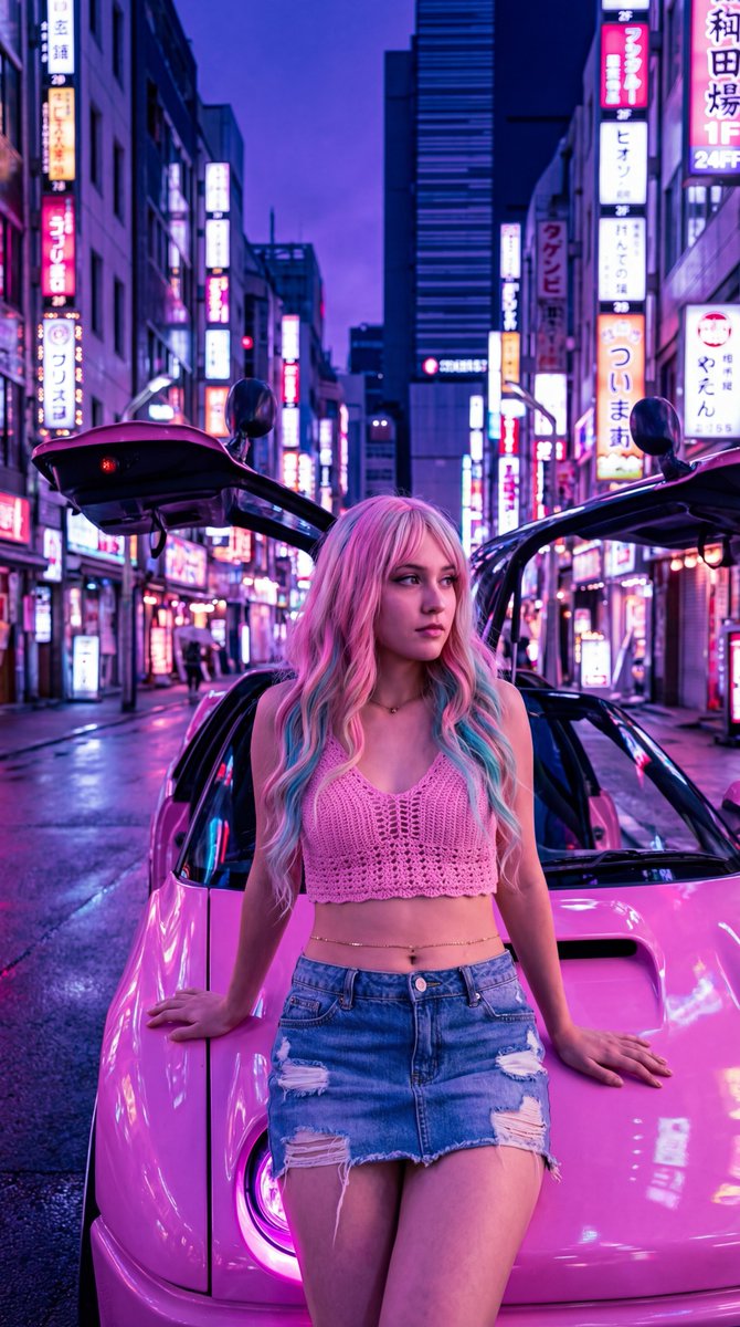 A cool woman with multi-colored hair against a pink sports car in Tokyo's vibrant nightlife.