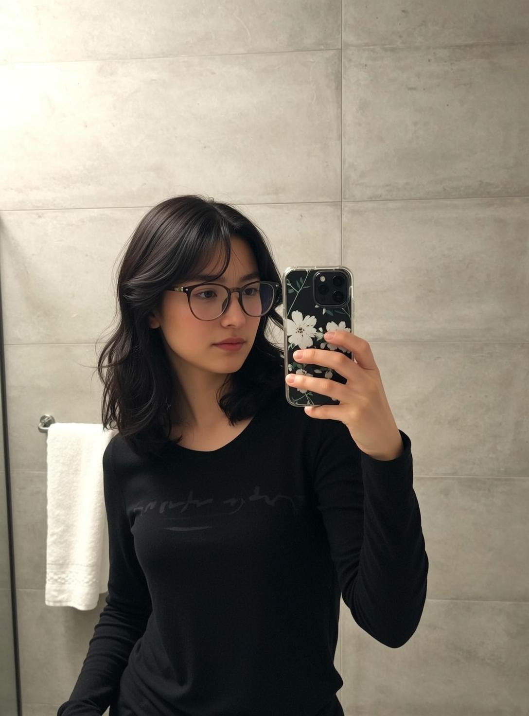 Bathroom Selfie Black T Shirt Round Glasses