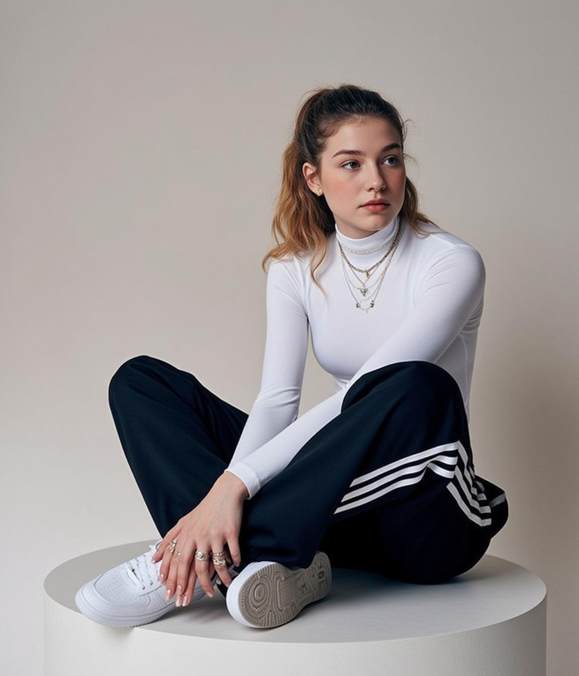 Woman White Turtleneck Navy Track Pants Platform