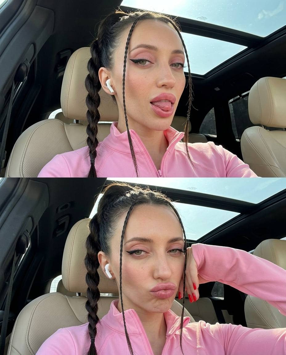 Girl taking a selfie in a car with a panoramic sunroof, wearing a pink top and wireless headphones.