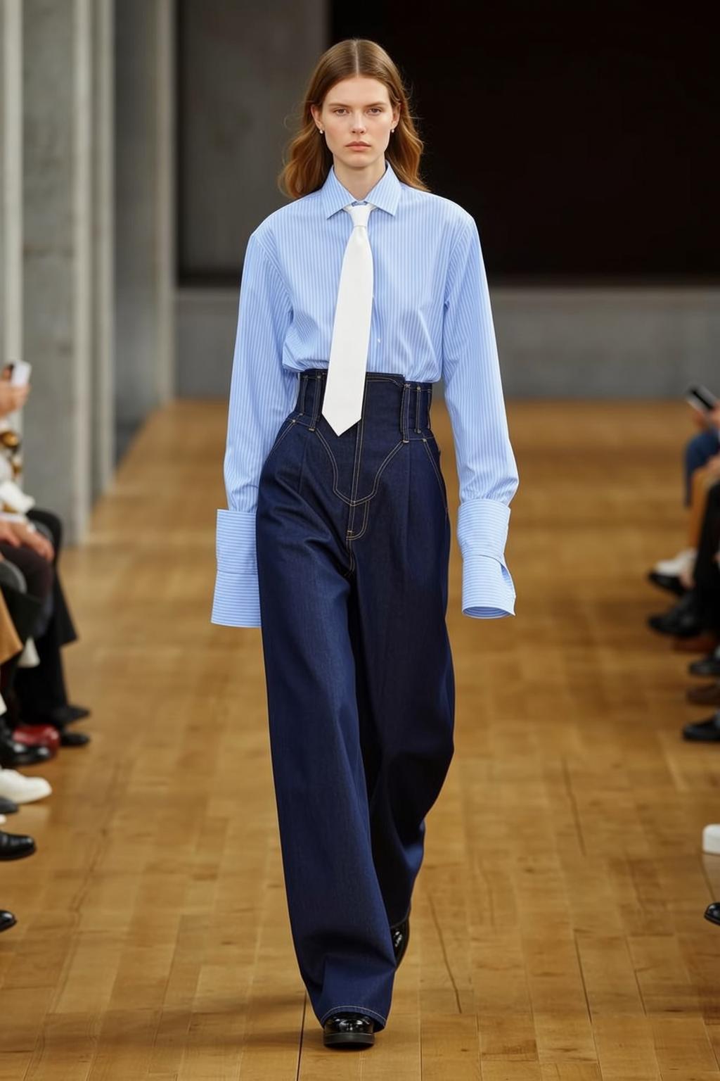 Walking Fashion Runway Pinstripe Shirt Jeans