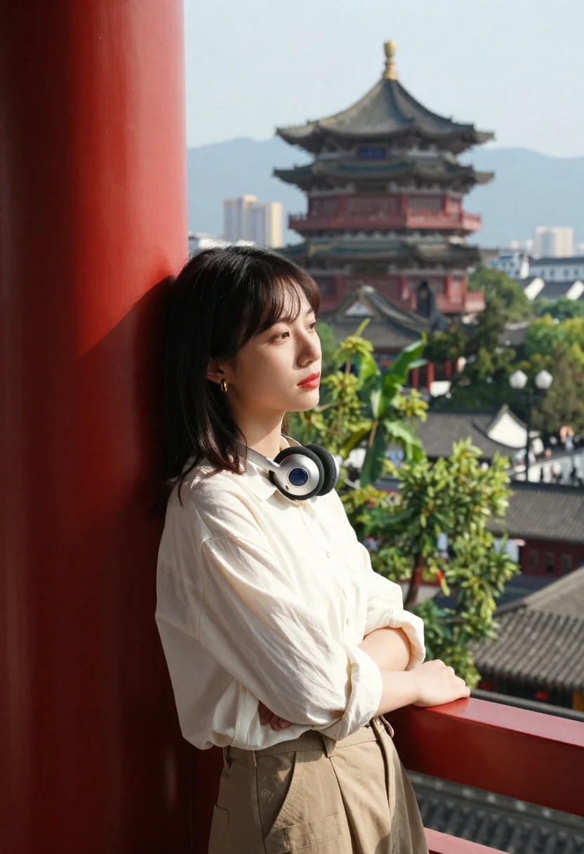 High-angle Portrait Young East Asian Woman With Dark Shoulder-length Hair reference photo