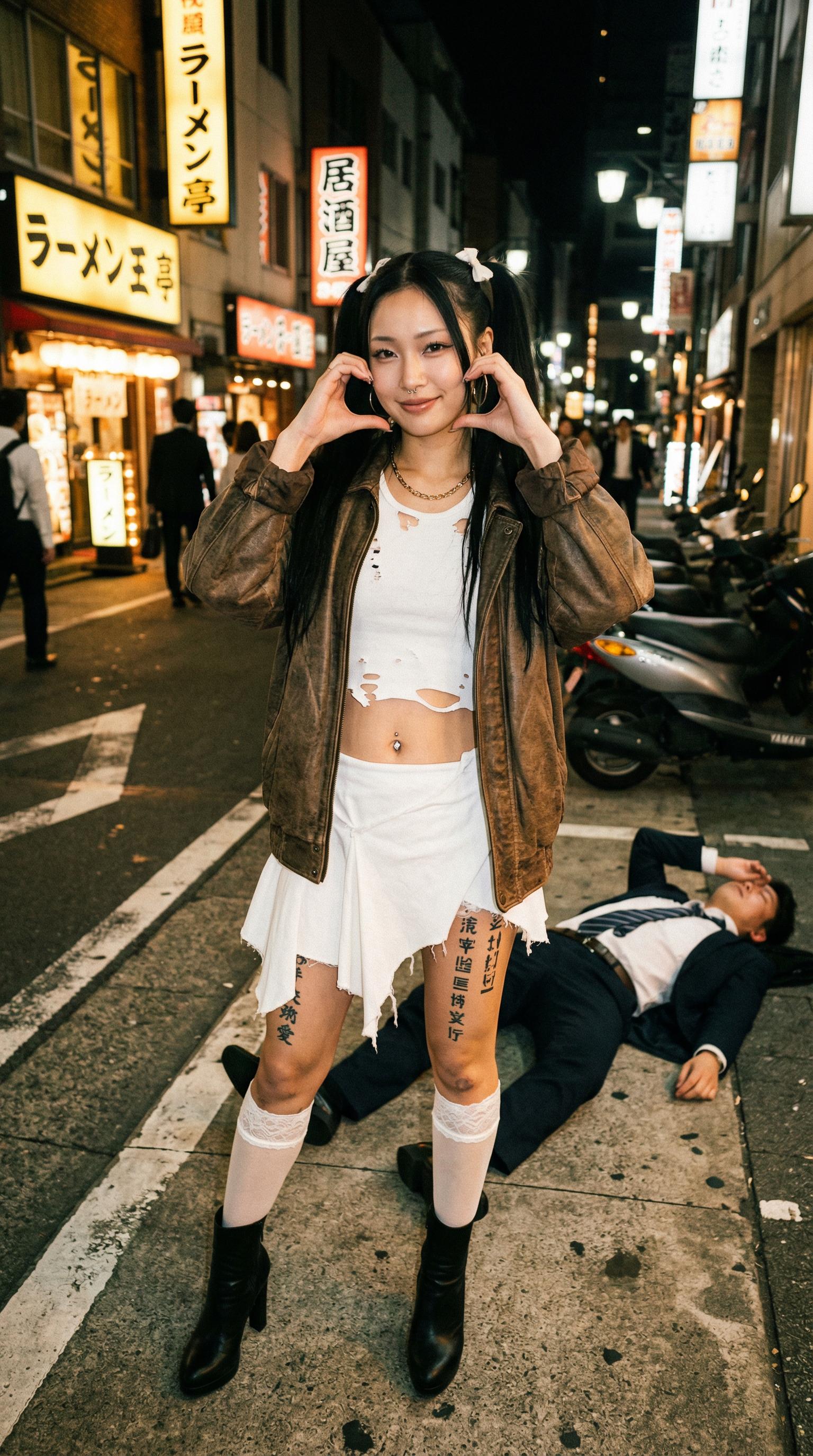 A woman in a brown leather jacket forms a heart shape with her hands on a wet city street at night, with a man in a dark suit lying unconscious nearby.