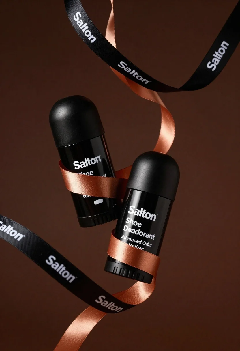 Two Sleek Black Cylindrical Bottles Salton Shoe Deodorant Float Diagonally