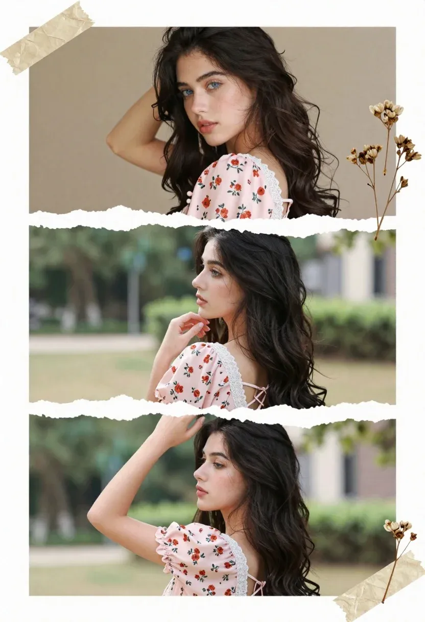 Collage Three Portrait Shots Featuring Young Woman With Long Dark