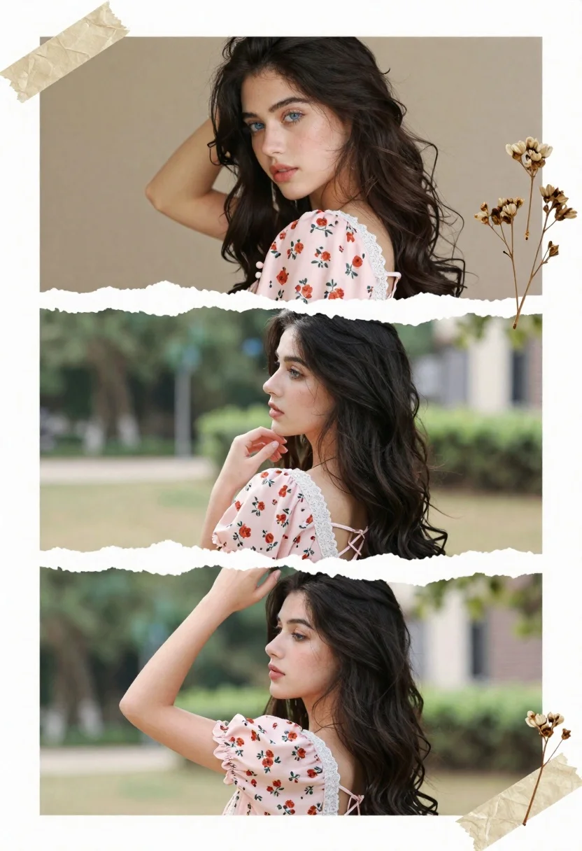 Collage of three portrait shots of a young woman in a pink floral blouse with long dark hair, showcasing different poses against varied backgrounds.