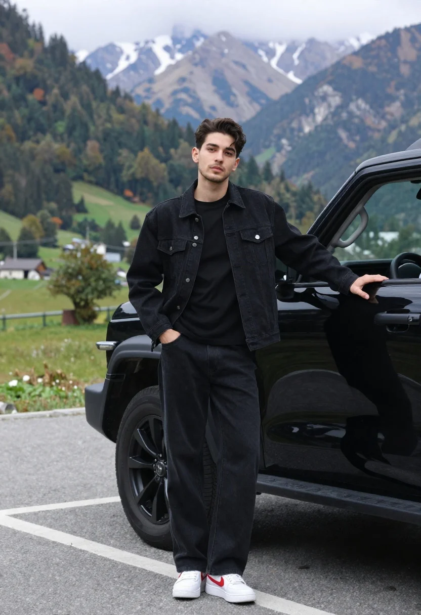 Stylish Young Man Leans Casually Against Black Suv Scenic Mountain