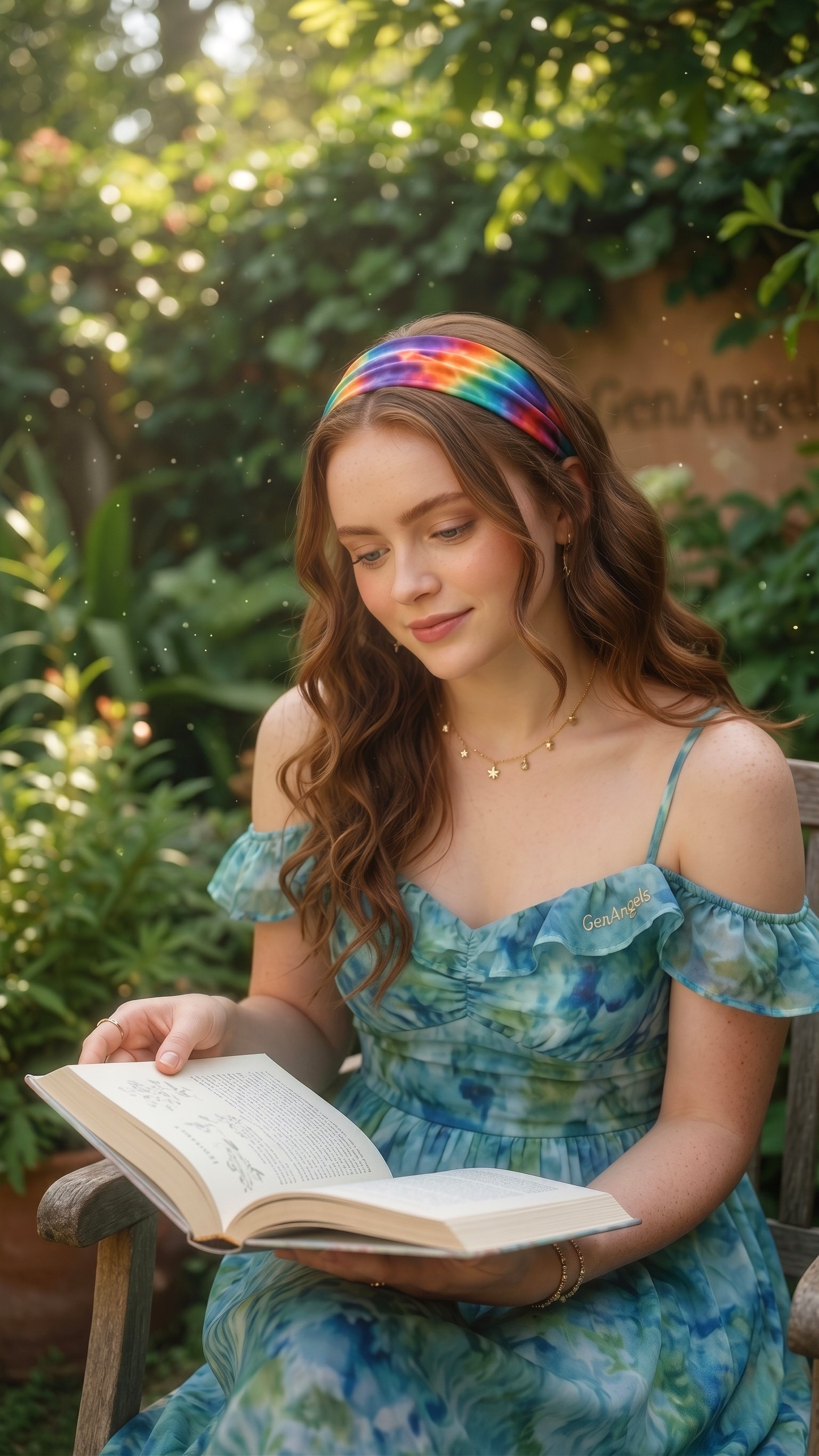 A woman sits in a garden on a wooden chair, reading a book, wearing a flowing off-the-shoulder dress in blue and green hues.
