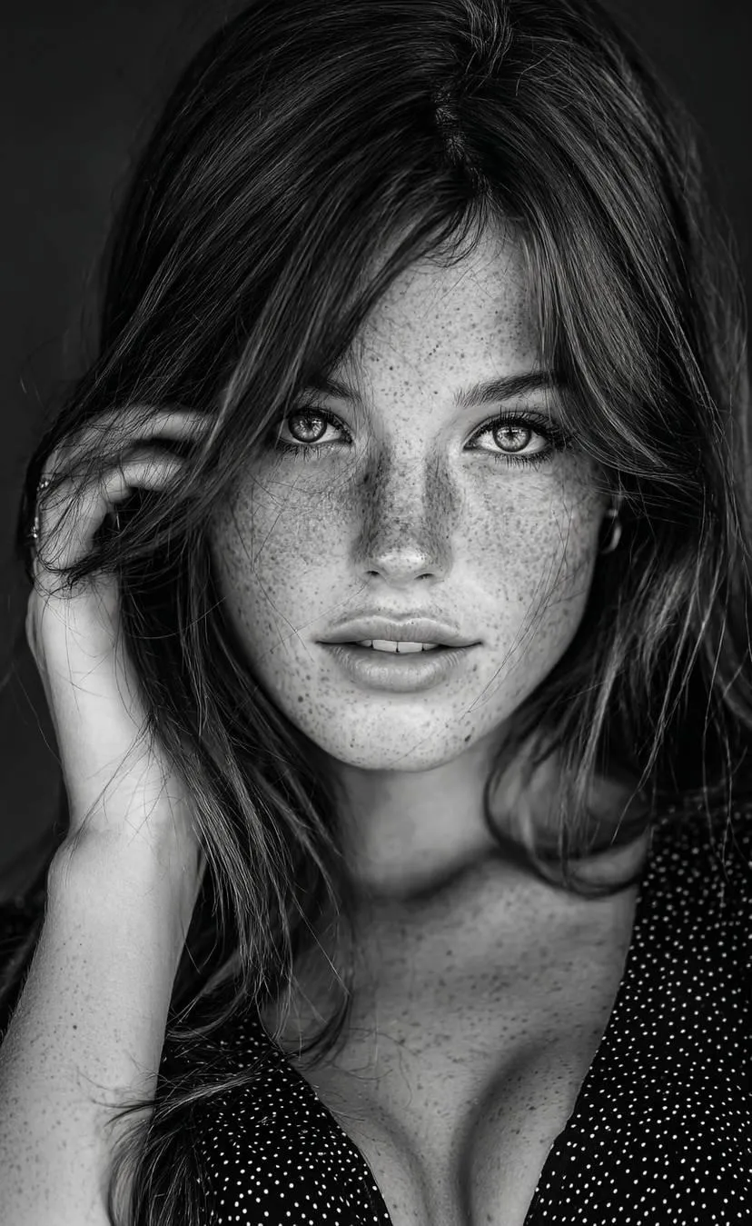Freckled Face Close Up Neutral Expression Polka Dot Top