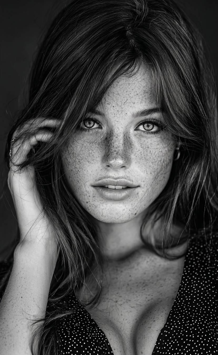 Close-up black and white portrait of a person with freckles, soft expression and voluminous hair, wearing a dark polka dot top.