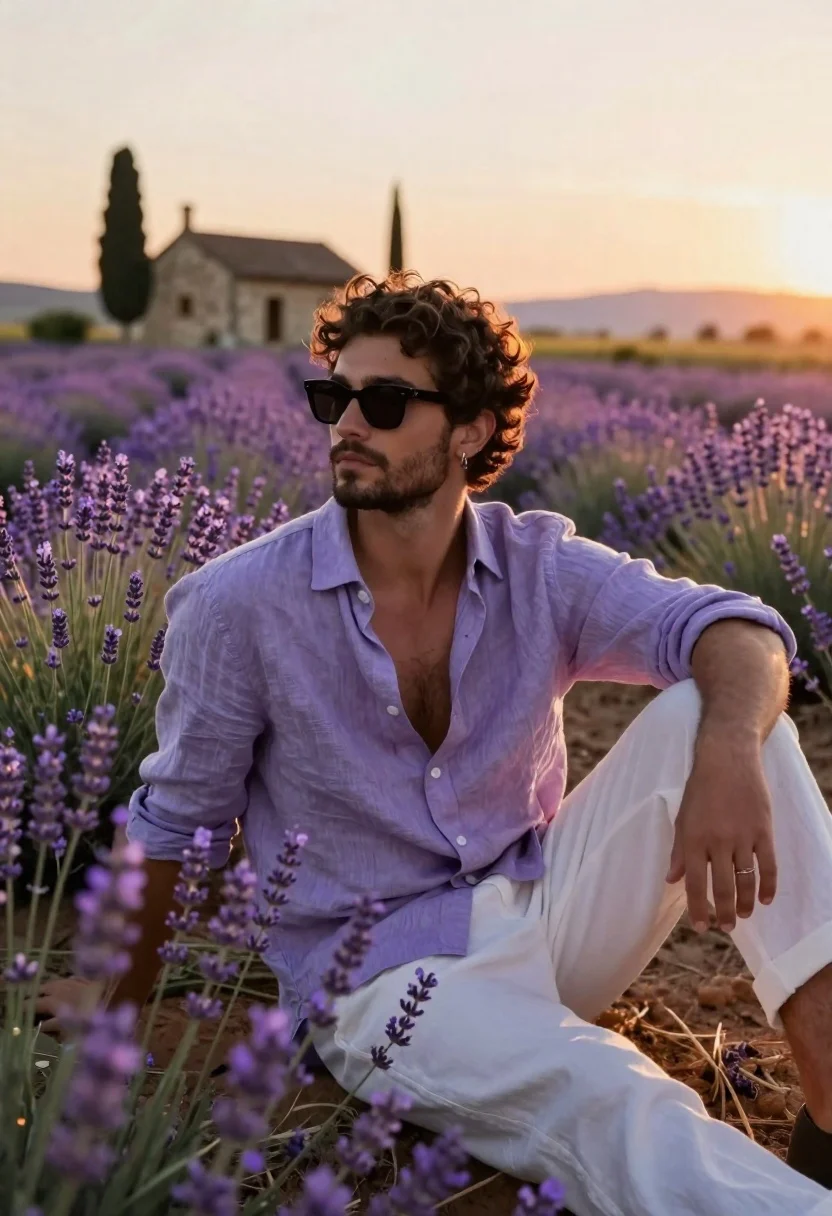 Handsome Man With Dark Curly Hair And Beard Sits Field