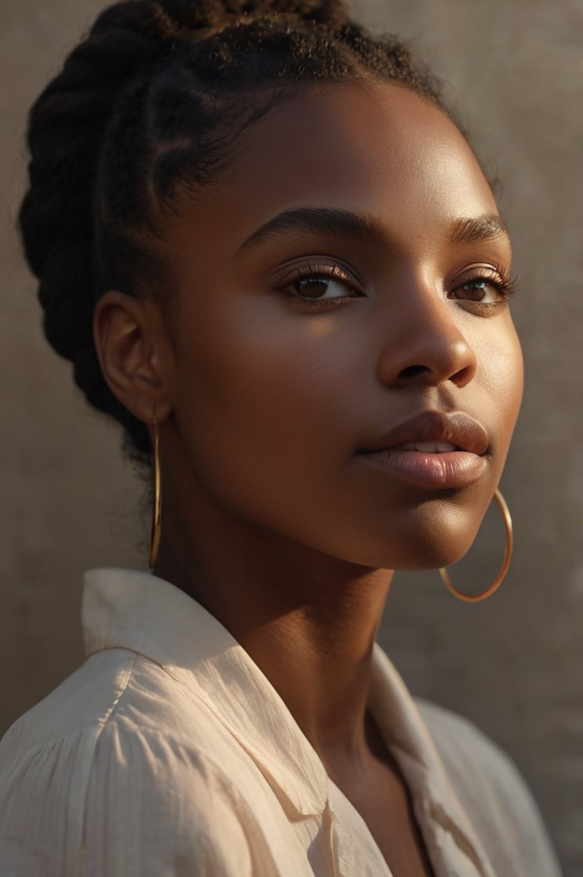 A close-up portrait of a person with dark hair in an elegant updo wearing gold hoop earrings, bathed in warm golden light.