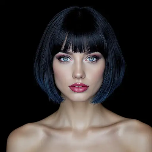 A front upper body portrait of a woman with a bob hairstyle and blue black hair, emphasizing texture against a soft black background.