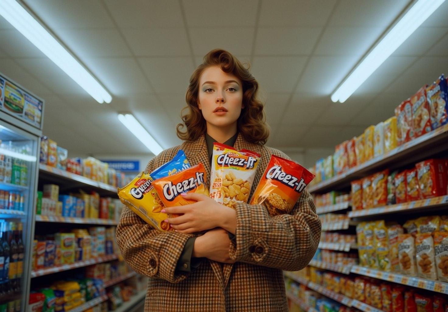 Woman Cheez It Bags Grocery Store Plaid Coat
