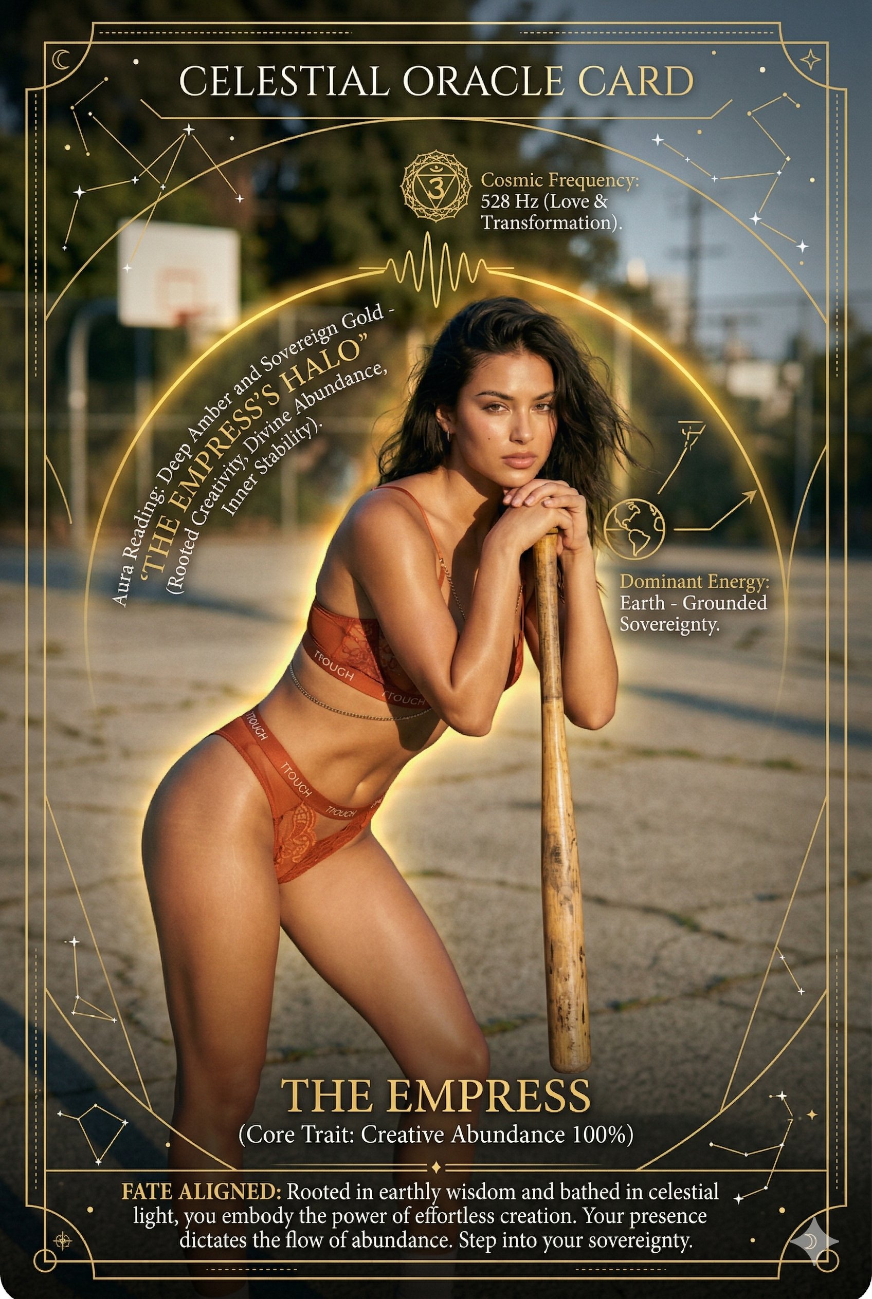 A person in a rust-colored lace bra leans on a baseball bat at an outdoor basketball court, framed with a golden celestial overlay.