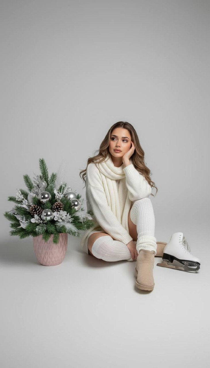 A girl in a soft white sweater and scarf sitting on a gray background, surrounded by winter decorations and skates.