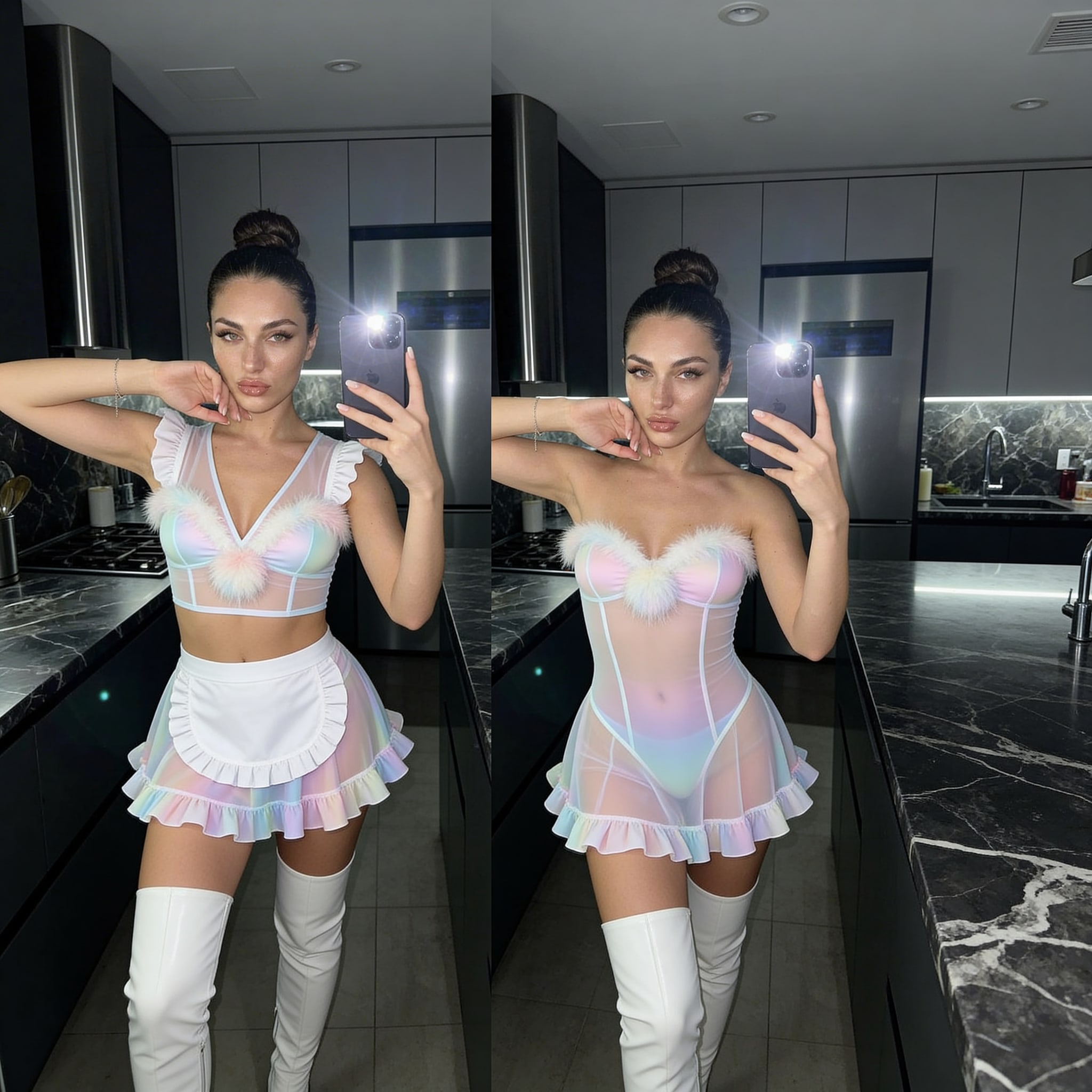 A striking gravure pin-up model poses in a pastel maid costume at a kitchen counter, showcasing her toned figure and stylish accessories.