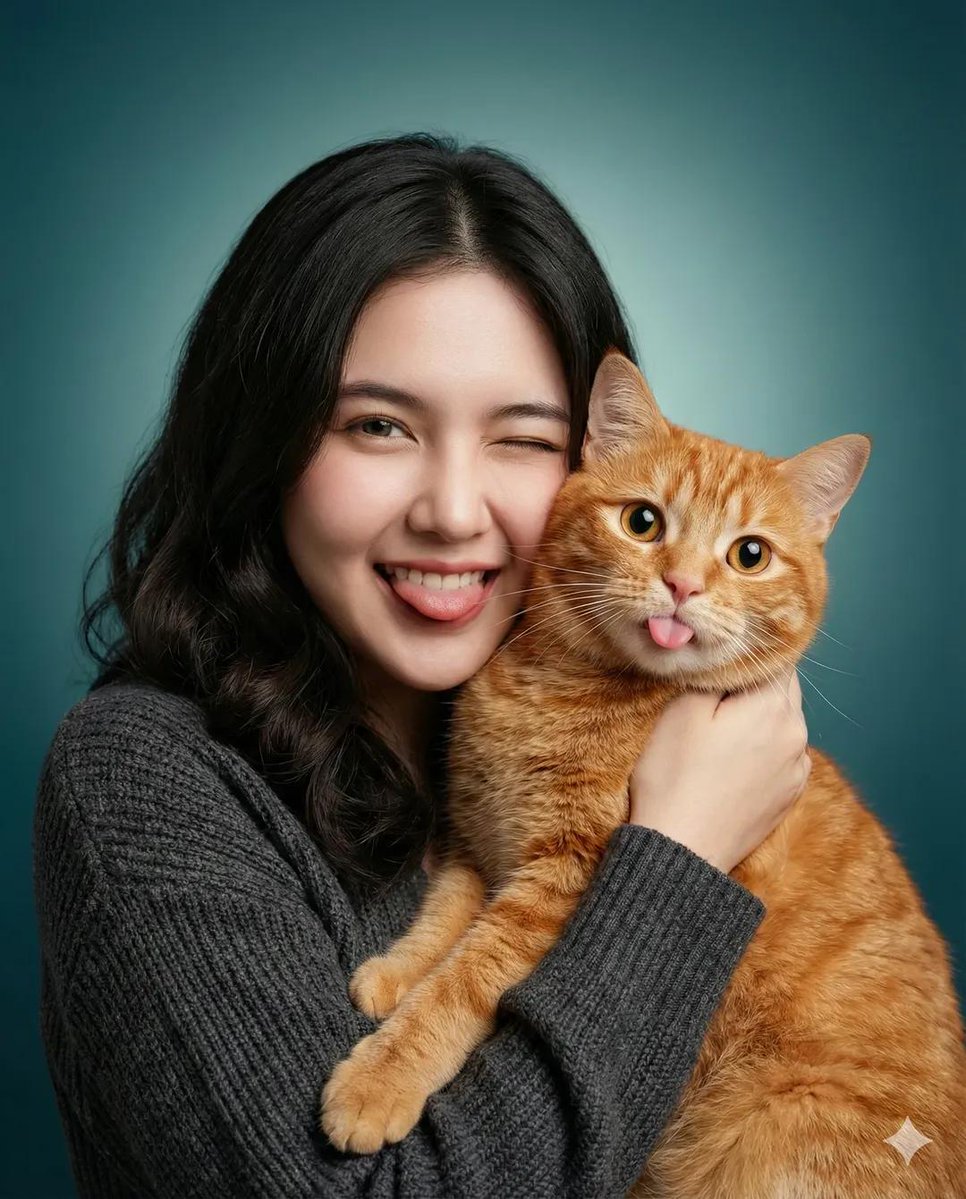 A heartwarming portrait of a woman holding an orange tabby cat, both playfully sticking their tongues out, set against a teal gradient background.