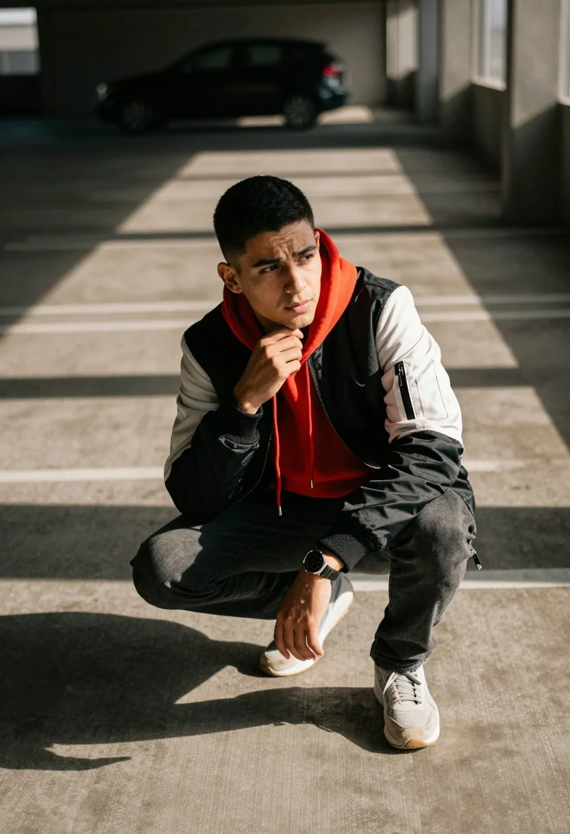 Man Crouching Dimly Lit Parking Garage With Warm Sunlight Casting