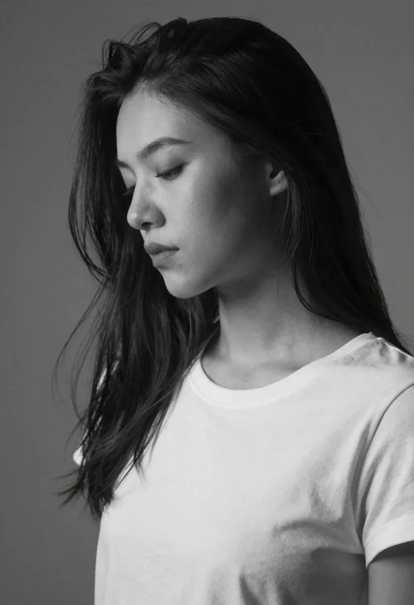 Grayscale Portrait Woman With Long Flowing Hair And Soft Lighting