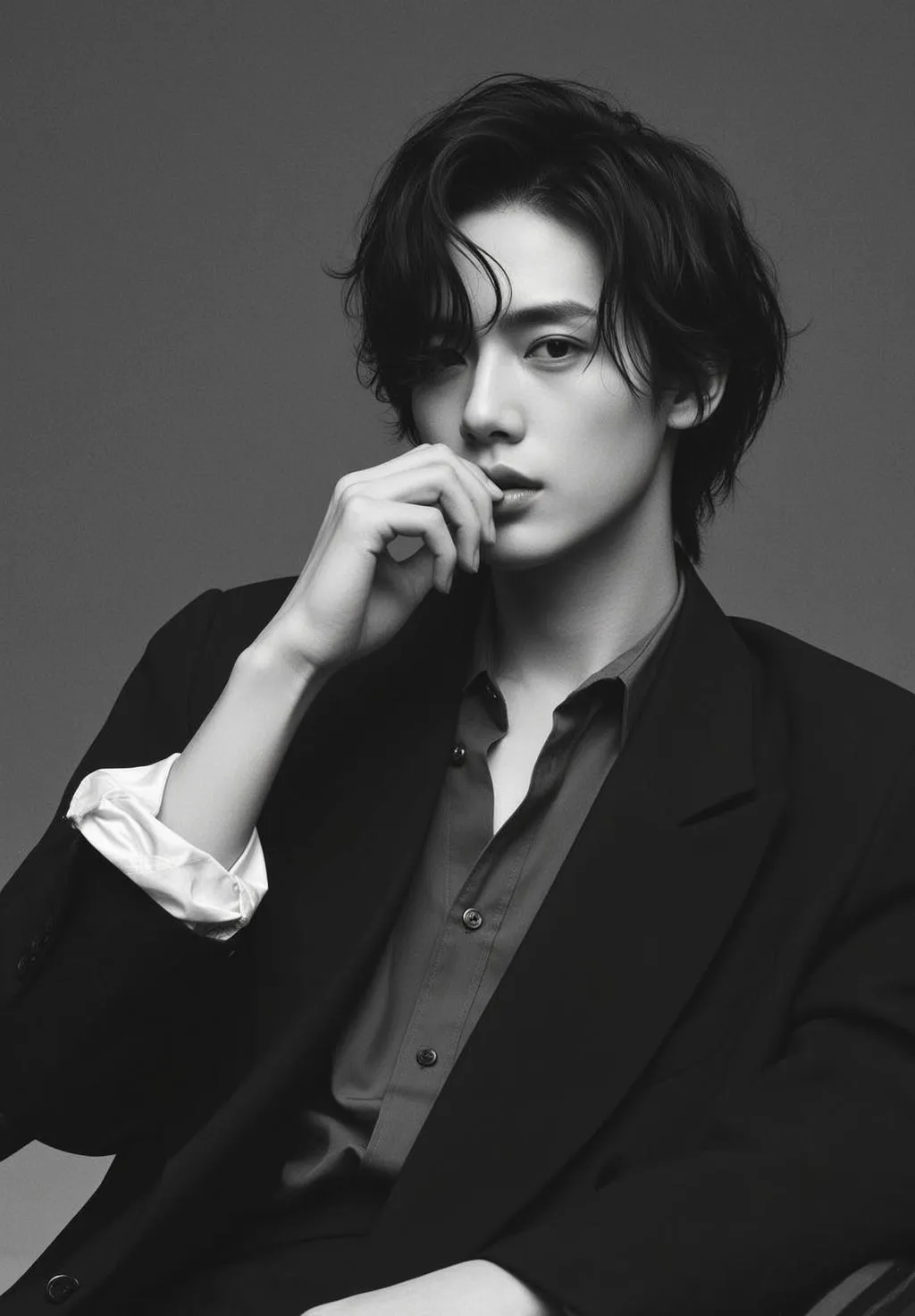 Photorealistic Black And White Portrait Young East Asian Man Captured