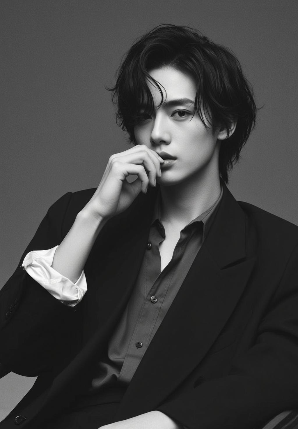 Photorealistic Black And White Portrait Young East Asian Man Captured