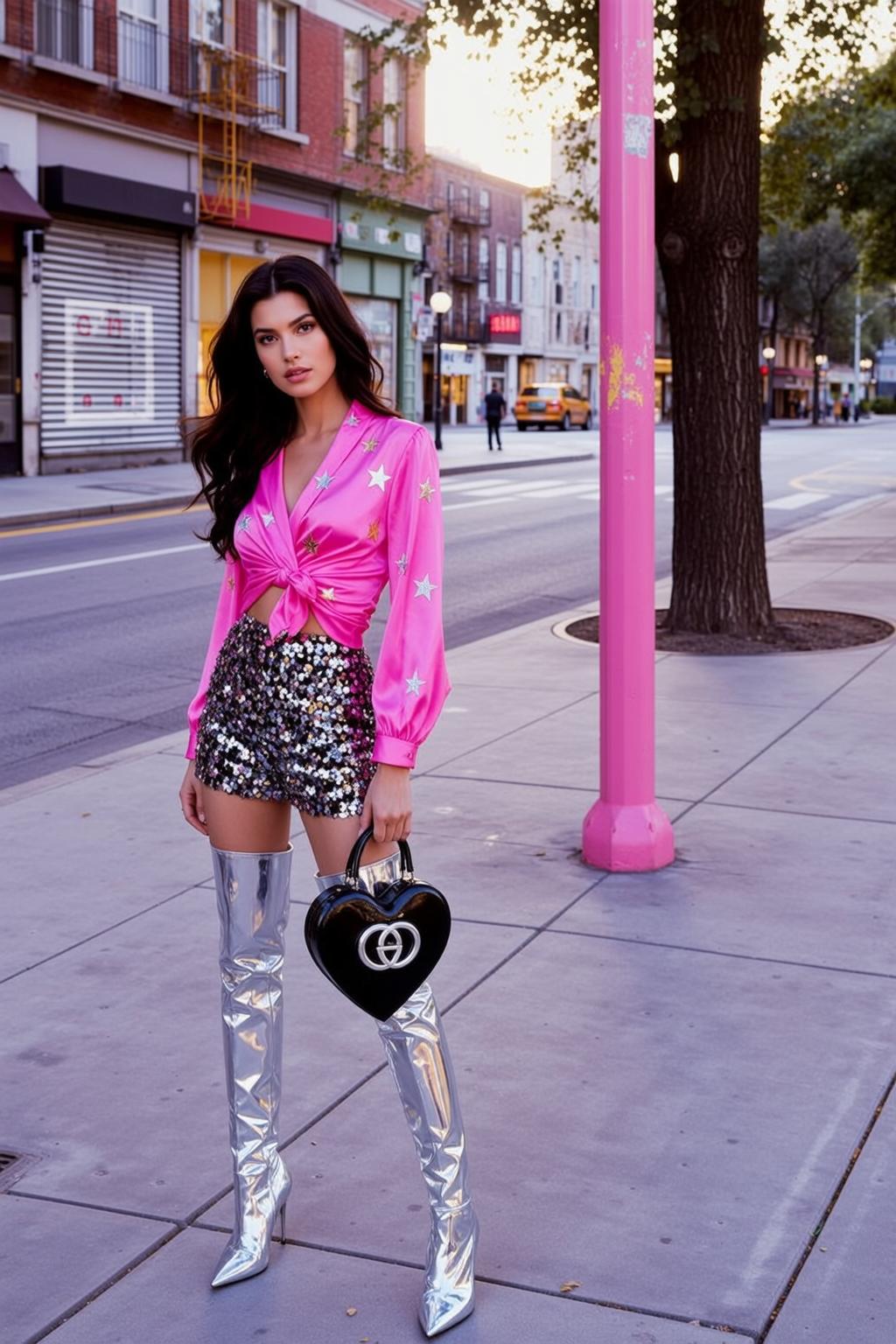 Barbiecore Stands City Sidewalk Facing Slightly Her