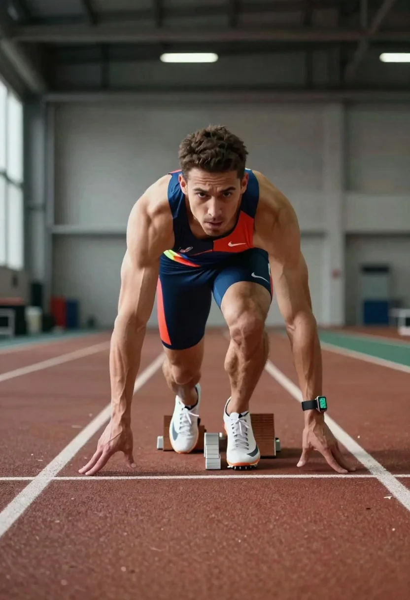 Explosive Sprint Start Captured Indoor Track Lane Within High-performance Training reference photo