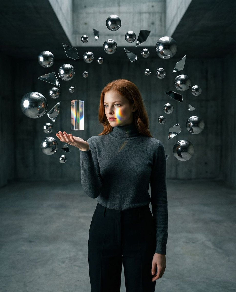 A female intellectual protagonist surrounded by chrome spheres in a dimly lit brutalist chamber, gazing at a crystal prism.