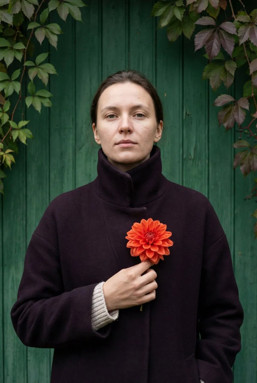 Realistic Woman Plum Coat Dahlia Wood Wall