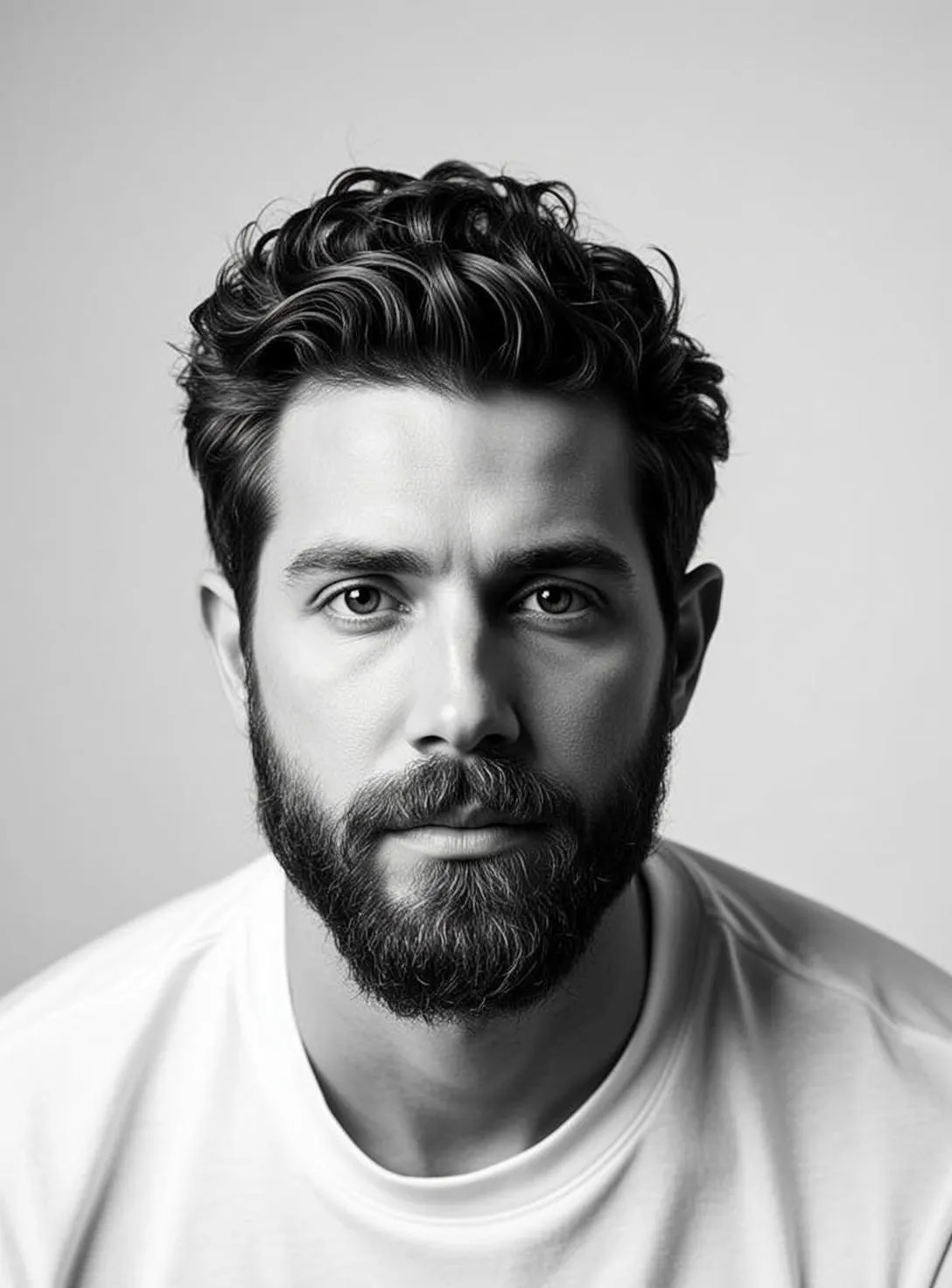 Headshot Photograph Black And White Shows Man With Dark Wavy