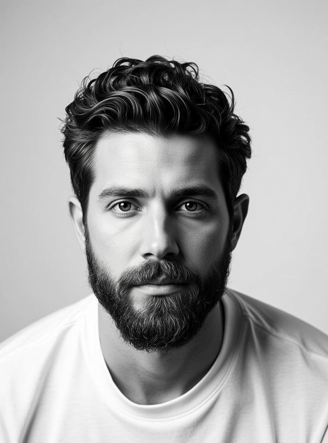Headshot Photograph Black And White Shows Man With Dark Wavy