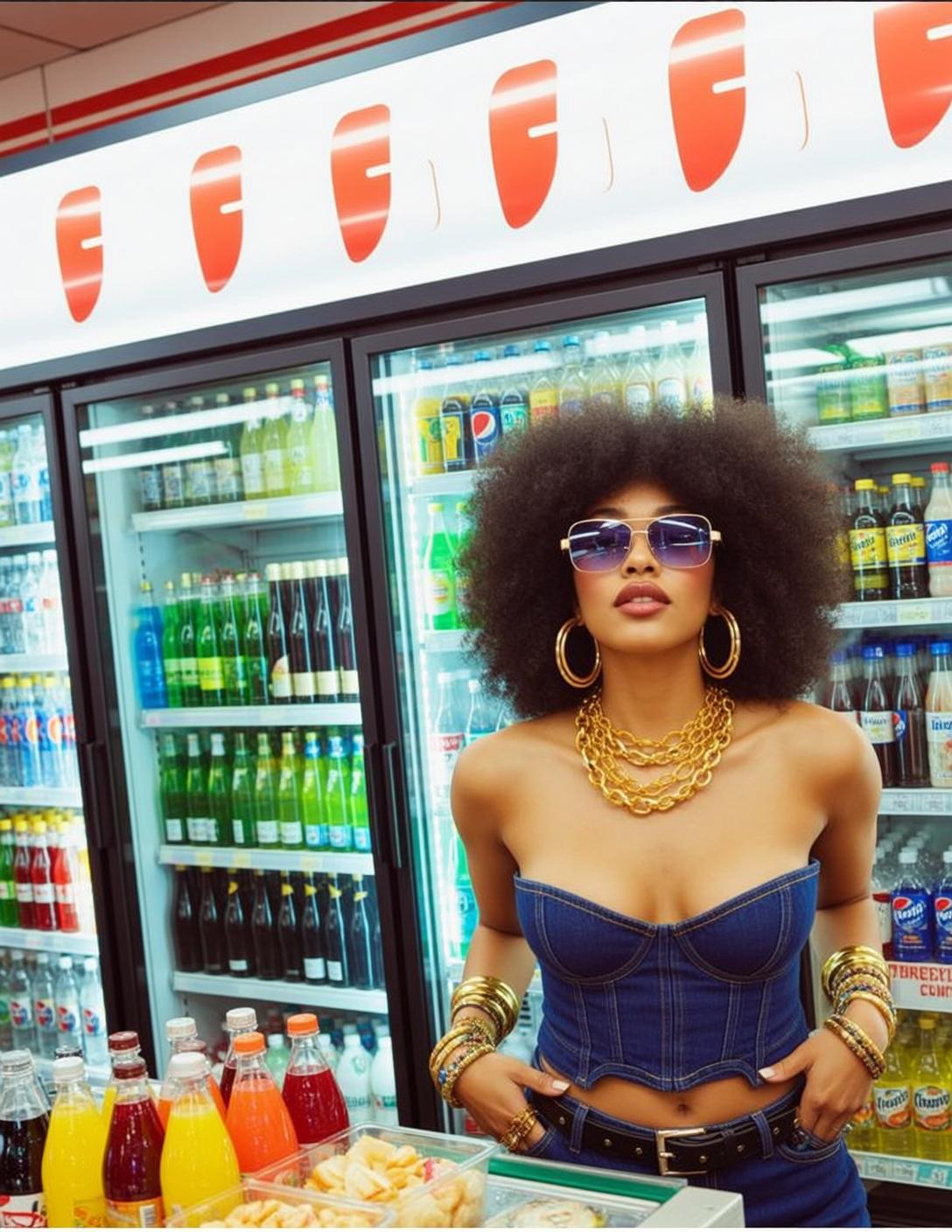 Denim Corset Convenience Store Aisle Confident Pose