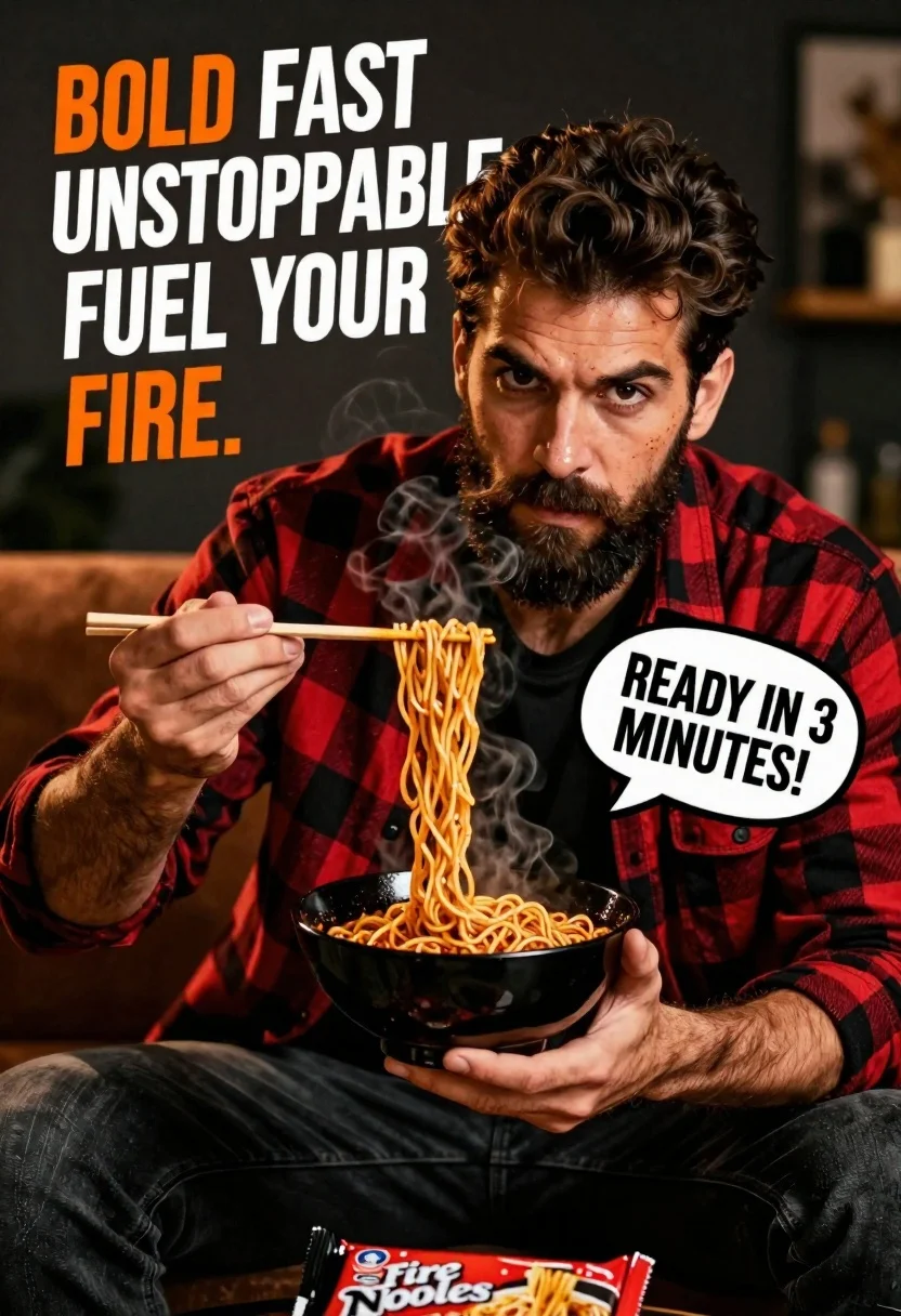 Close-up of a handsome bearded man holding a black bowl of steaming spicy noodles, dramatic warm lighting enhancing his features.