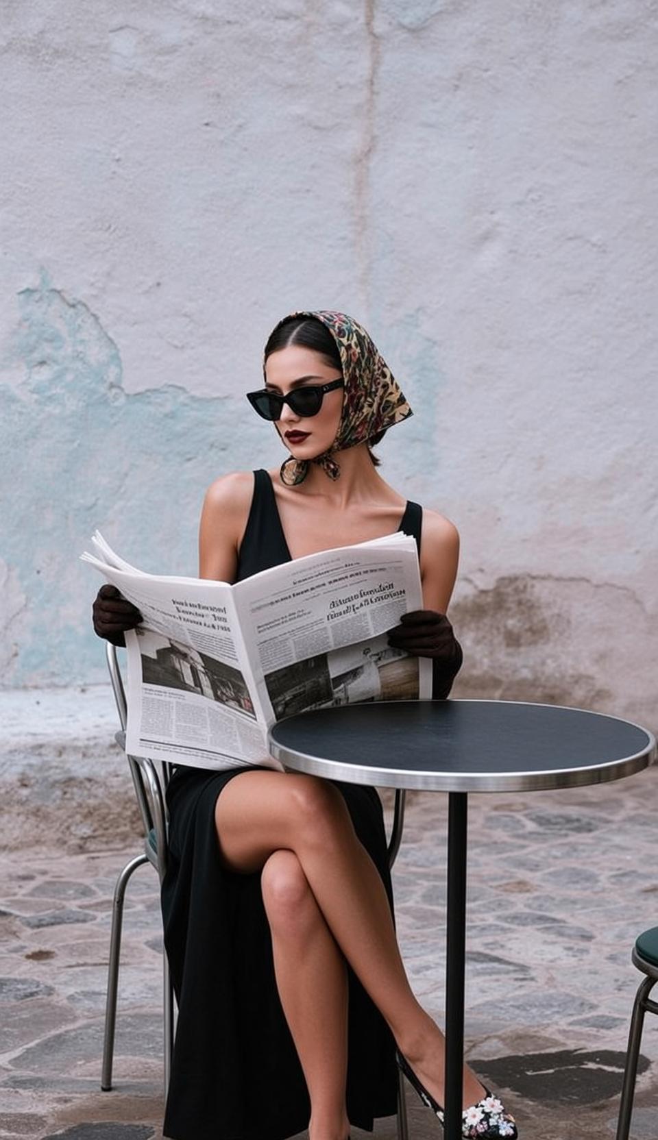 Black Dress Newspaper Reading Pose