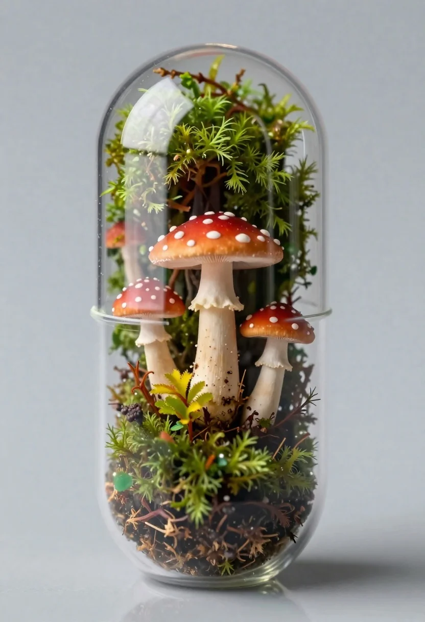 Vertical Macro Shot Transparent Medical-style Capsule Pill Containing Miniature Forest reference photo